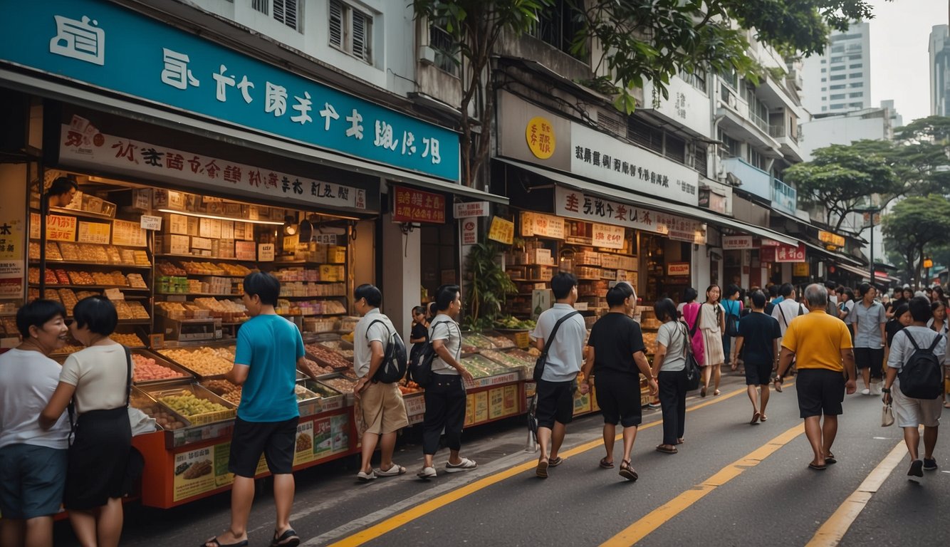A bustling street in Singapore, with colorful storefronts and a mix of locals and tourists. A licensed money lender's sign stands out among the shops, attracting customers