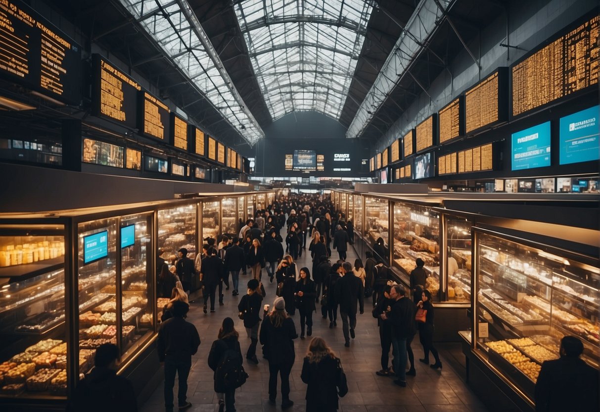 A bustling market with a mix of traditional and innovative products. People flock to established cryptocurrency booths while others gather around ICO displays. Excitement and curiosity fill the air