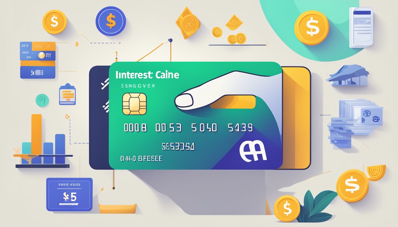 A hand holding a credit card with "Interest Rates and Fees cashline balance transfer promotion singapore" displayed on a screen, surrounded by financial icons and symbols