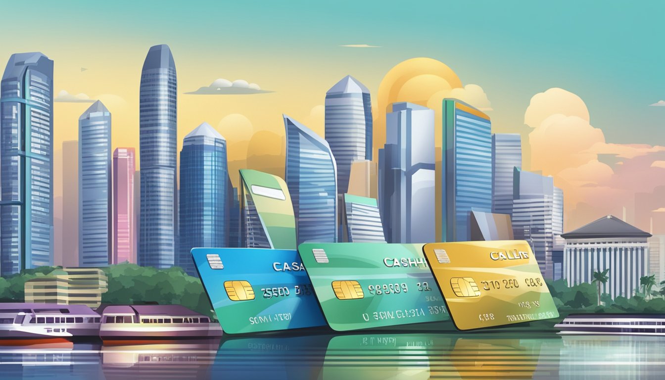 A stack of credit cards with "Terms and Repayment" and "Cashline Balance Transfer Promotion" written on them, set against a backdrop of the Singapore skyline