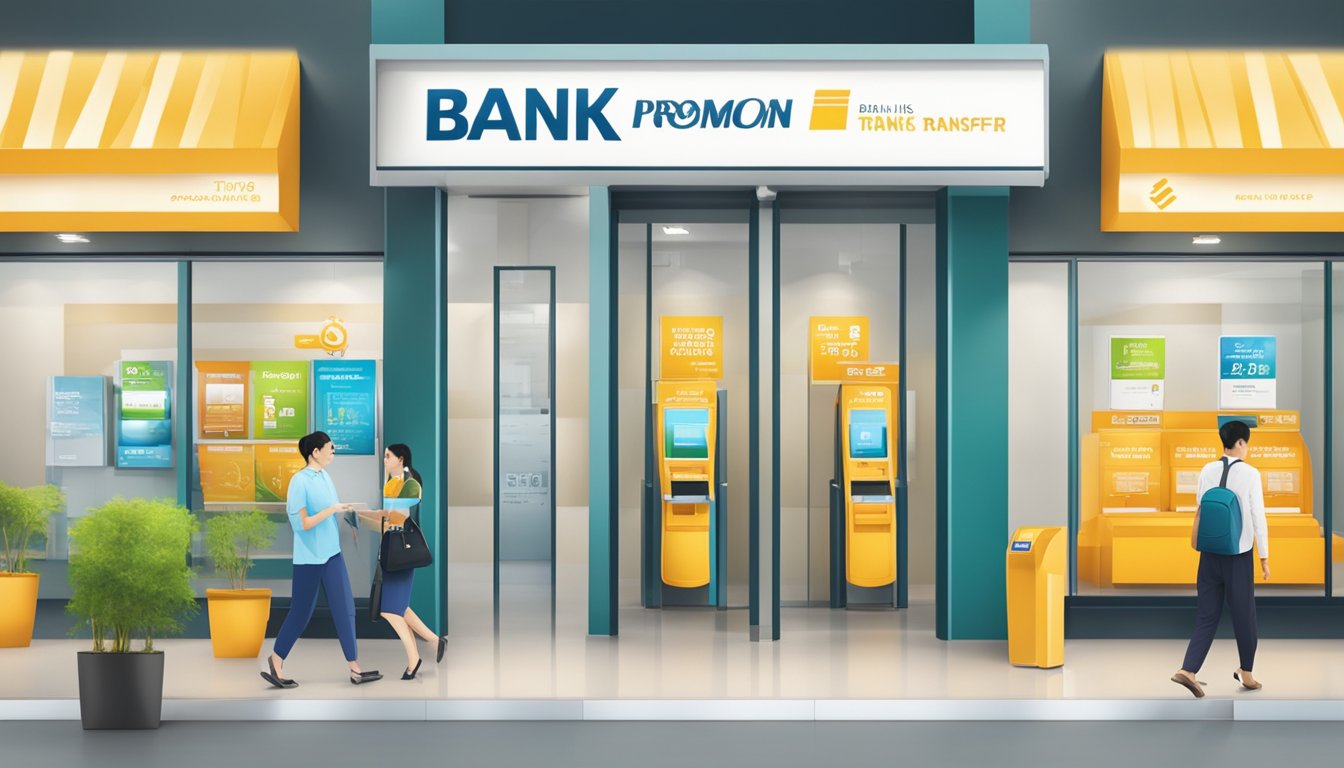 A bright, modern bank branch with a prominent display of the Benefits cashline balance transfer promotion in Singapore. The promotion is highlighted with eye-catching graphics and signage