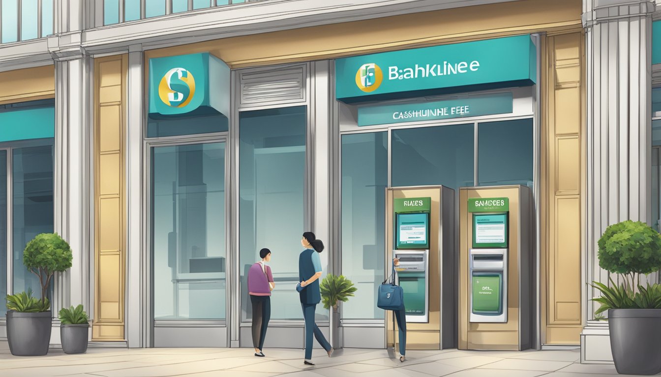 A sign at a bank branch with the words "Frequently Asked Questions cashline fee waiver Singapore" displayed prominently