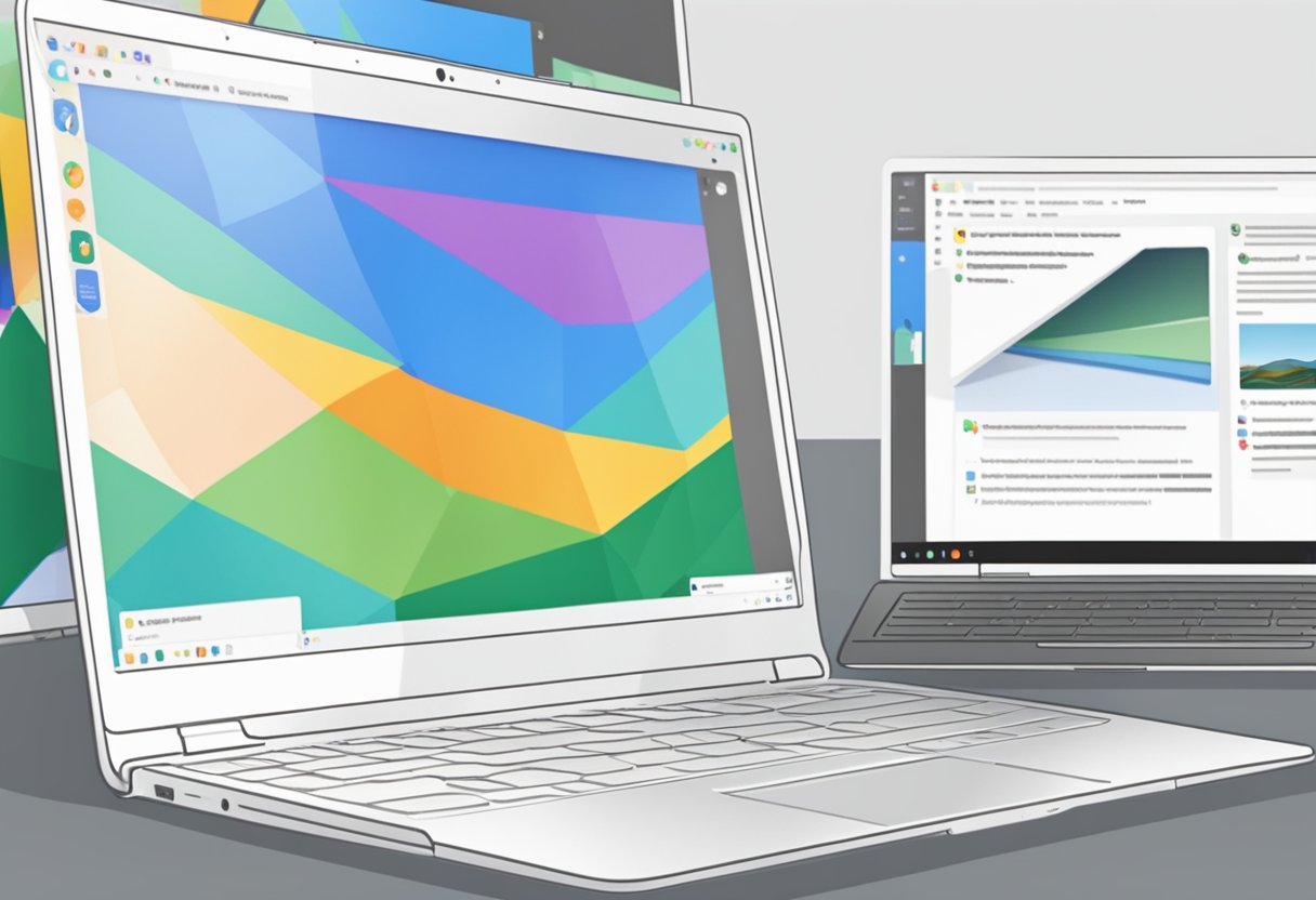 A Chromebook screen split in half, with two different windows open side by side. The left side shows a document, while the right side displays a web browser