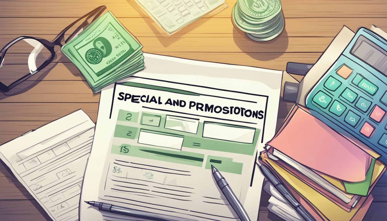 A colorful banner displays "Special Offers and Promotions" above a stack of cash and a personal loan application form