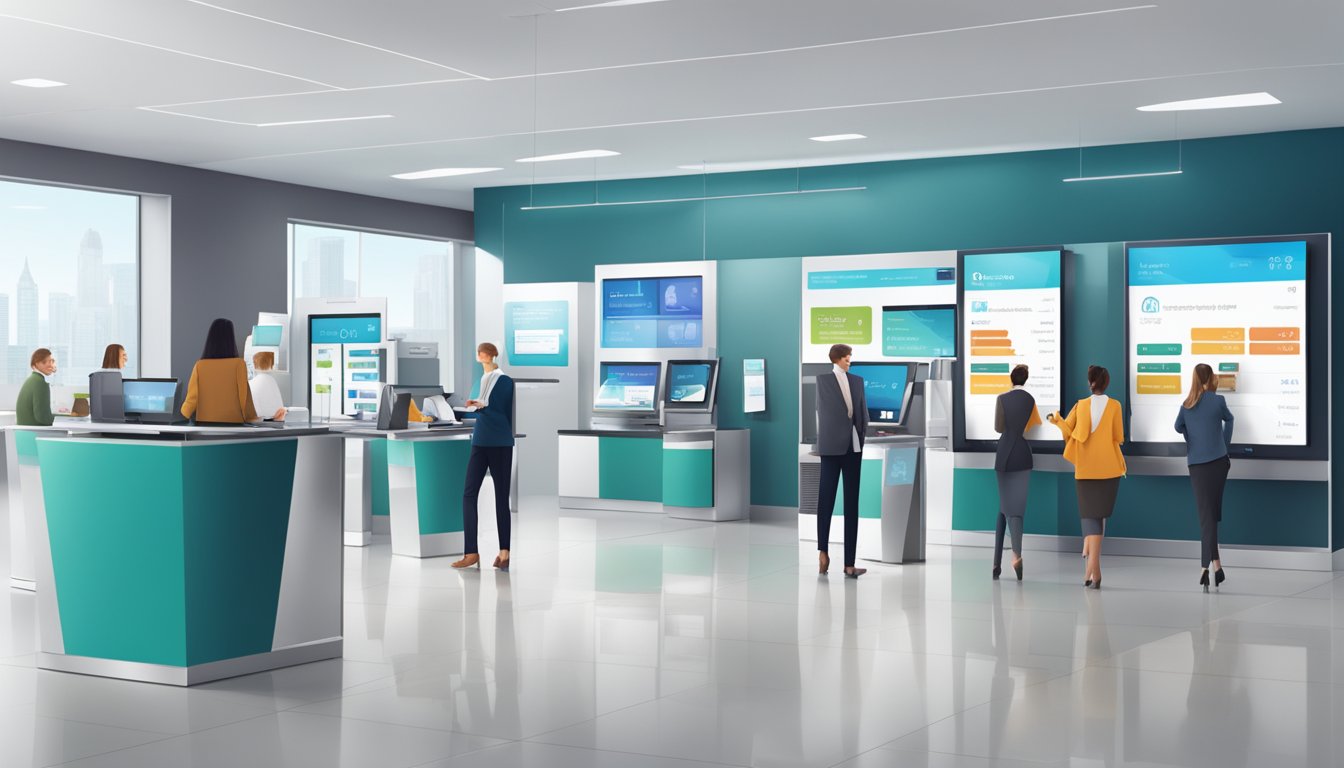 A modern, sleek bank branch with digital screens and self-service kiosks. Customers use mobile apps for transactions, while staff assist with advanced technology