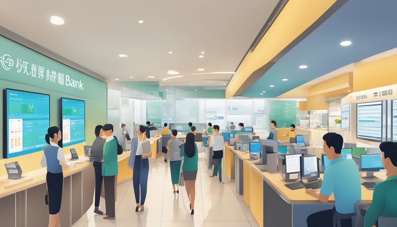 Cathay Bank Singapore: A bustling bank branch with customers sending and receiving international remittances, tellers assisting clients, and digital screens displaying exchange rates