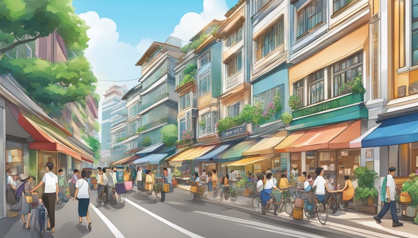 A bustling street in Singapore with various shops and restaurants displaying the logo of the CDC participating merchant program