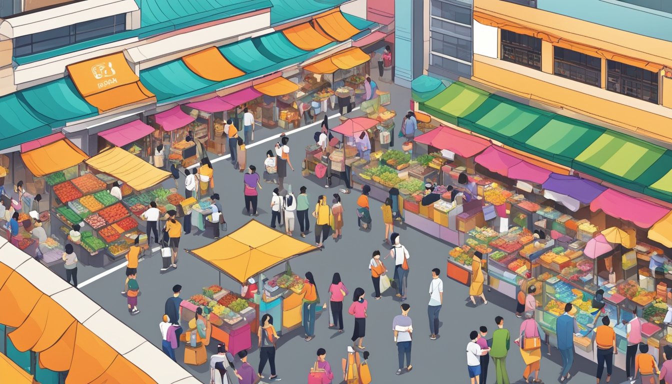 A bustling marketplace with various vendors accepting CDC vouchers in Singapore. The colorful stalls and excited shoppers create a vibrant atmosphere