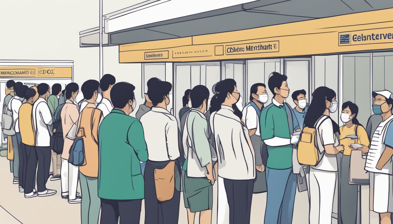 A line of people outside a CDC participating merchant in Singapore, waiting to check eligibility and receive distributions