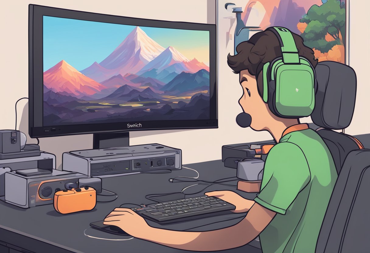 The Nintendo Switch is connected to a computer via a capture card. The Discord app is open, and the user navigates to the streaming settings to set up the Switch for streaming