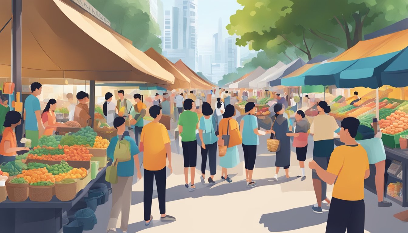 A bustling street market in Singapore with CDC participating merchants engaging with the local community, showcasing their products and services