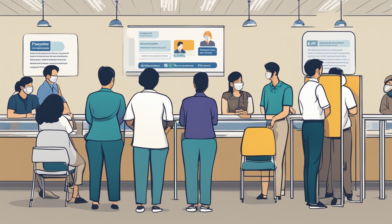 A line of people waiting to ask questions at a CDC participating merchant in Singapore. The sign "Frequently Asked Questions" is prominently displayed