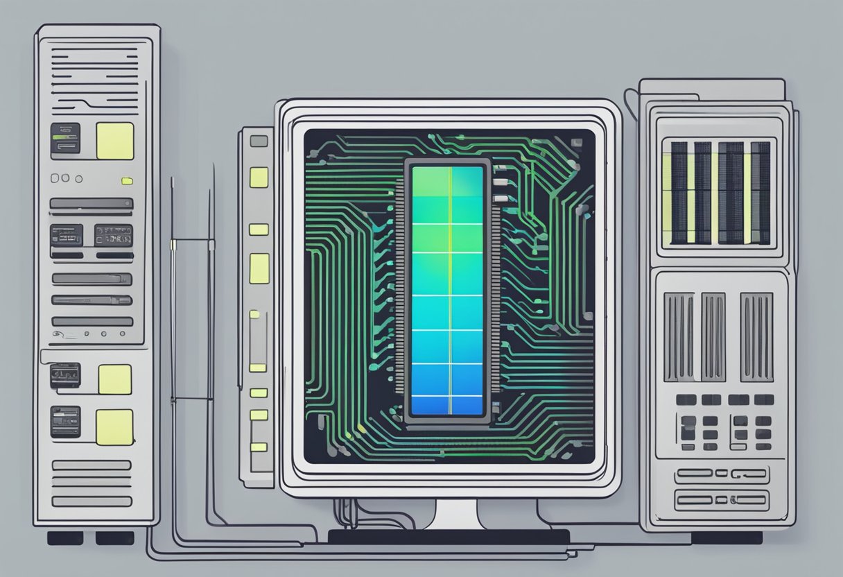 CPU stress testing: CPU under intense load, temperature rising, fan spinning rapidly, computer screen displaying performance metrics