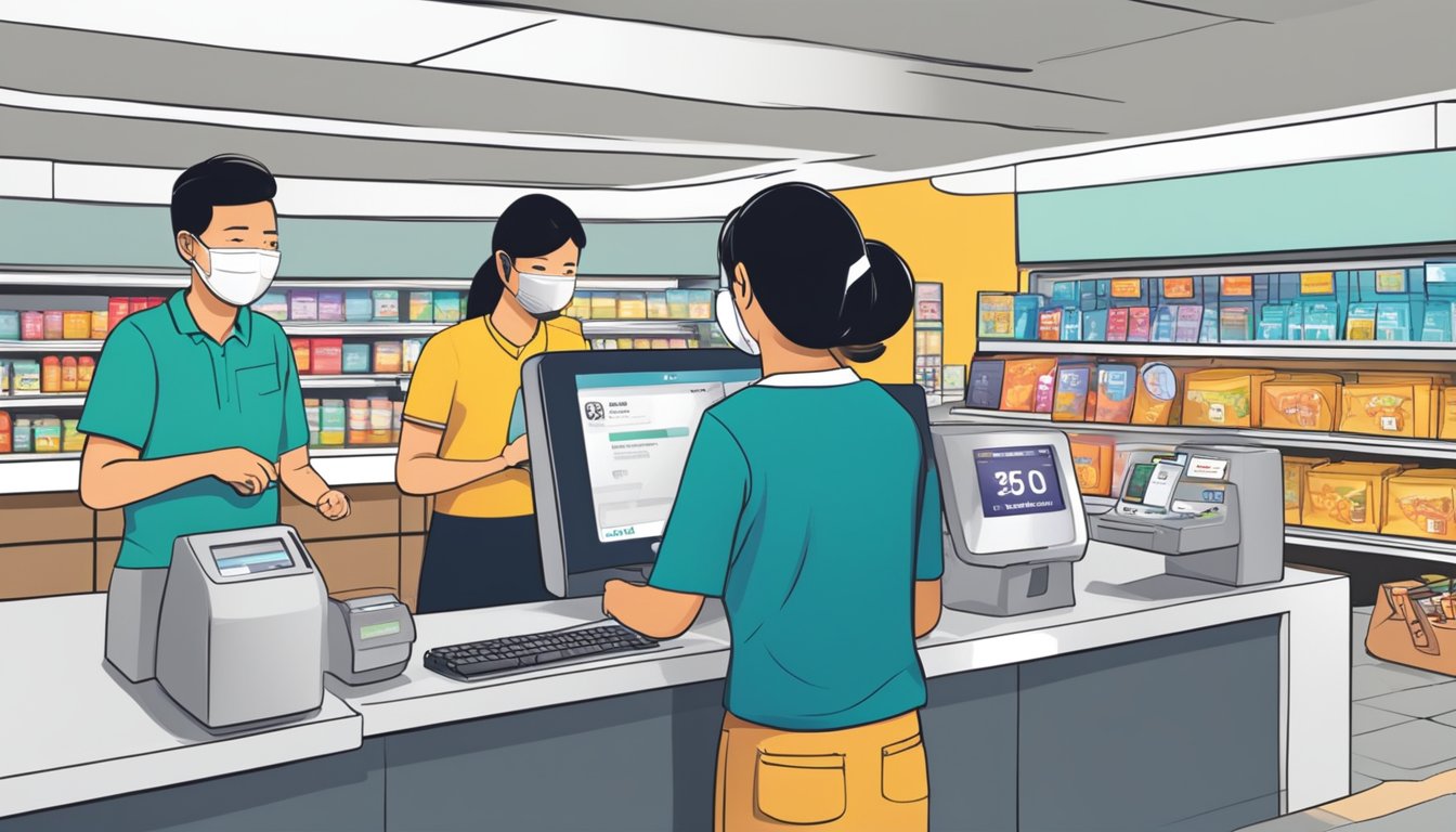 People redeeming CDC vouchers at a Singaporean store. Items being scanned at the checkout counter, with the CDC voucher decal visible