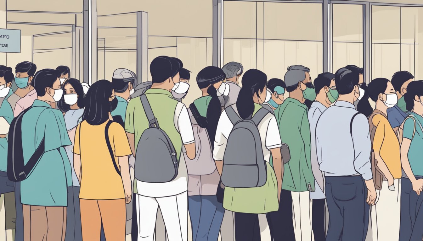 A diverse group of people in Singapore line up to check their eligibility for CDC vouchers