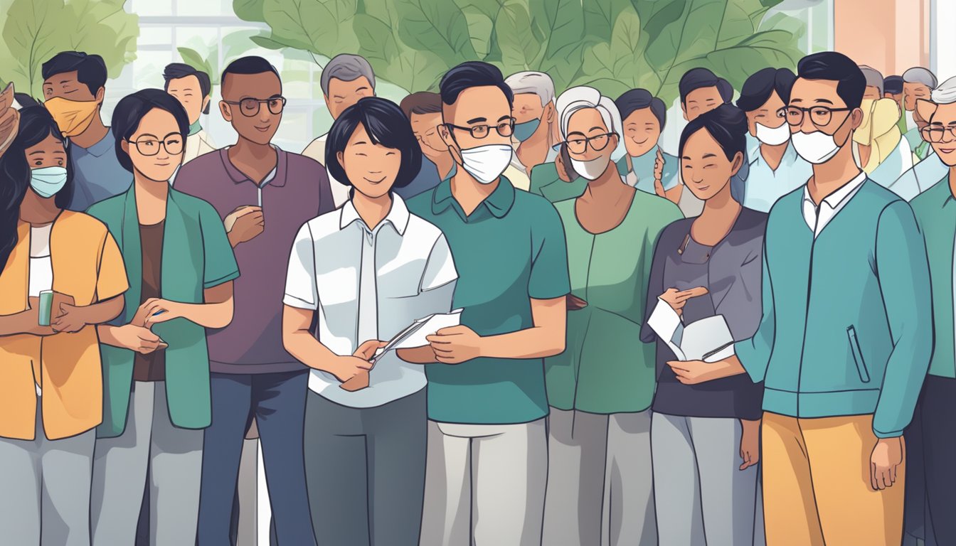 A diverse group of people in Singapore receive CDC vouchers, showing eligibility and community support