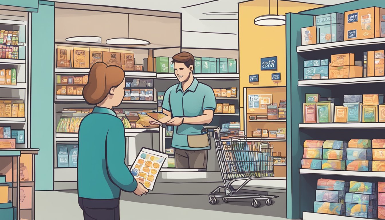 A person presenting a CDC voucher at a participating store, receiving a discount, and leaving with their purchase
