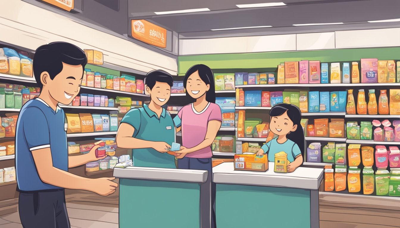 A family happily redeems CDC vouchers at a local store in Singapore. Products are neatly displayed, and a cashier assists with the transaction