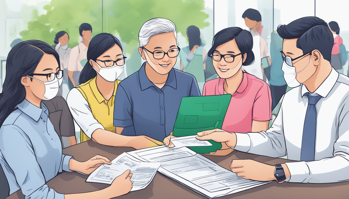 A group of diverse individuals receiving CDC vouchers in Singapore, with officials providing support and guidance