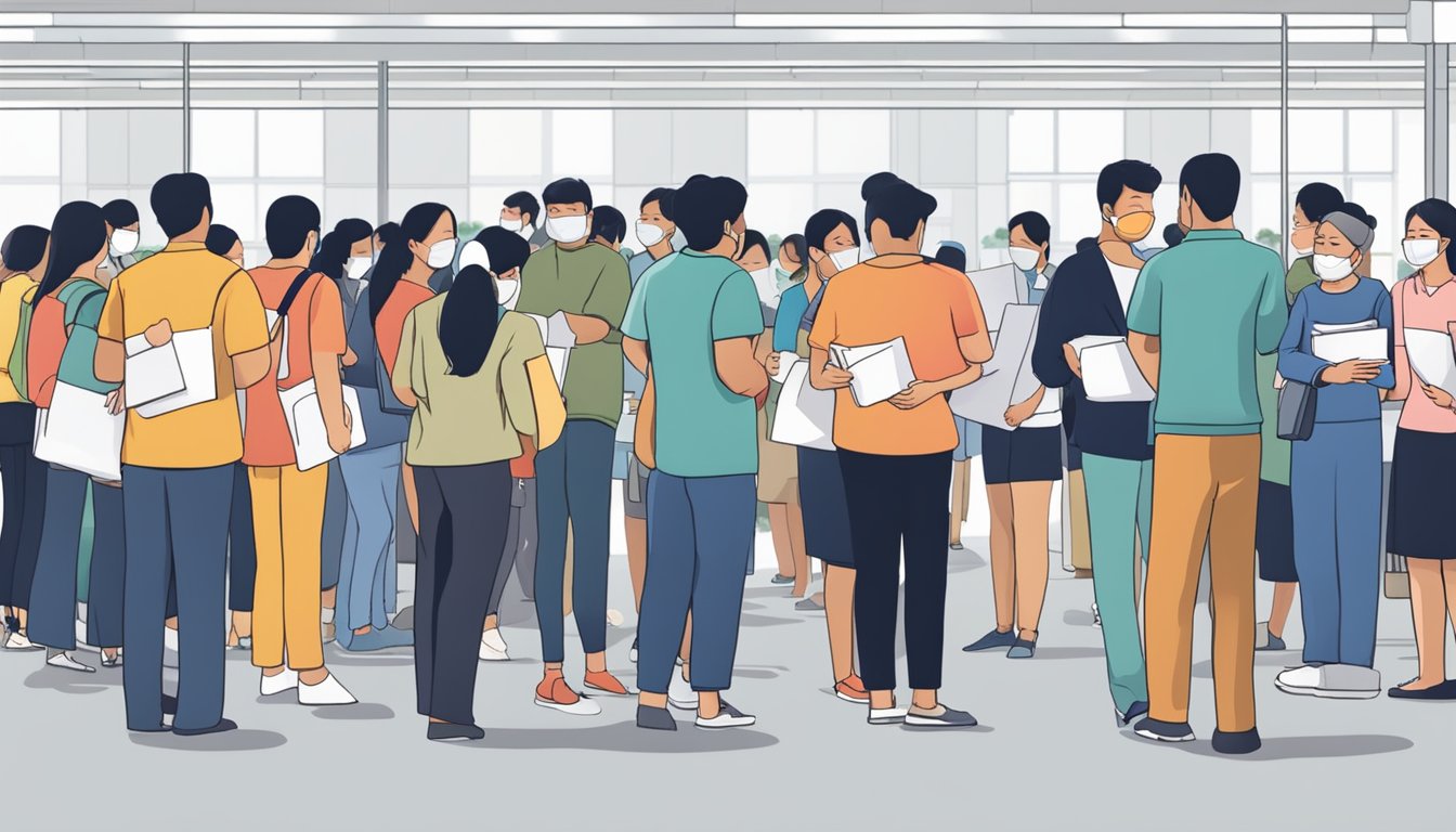 People lining up with documents, waiting for eligibility check at a CDC voucher distribution center in Singapore