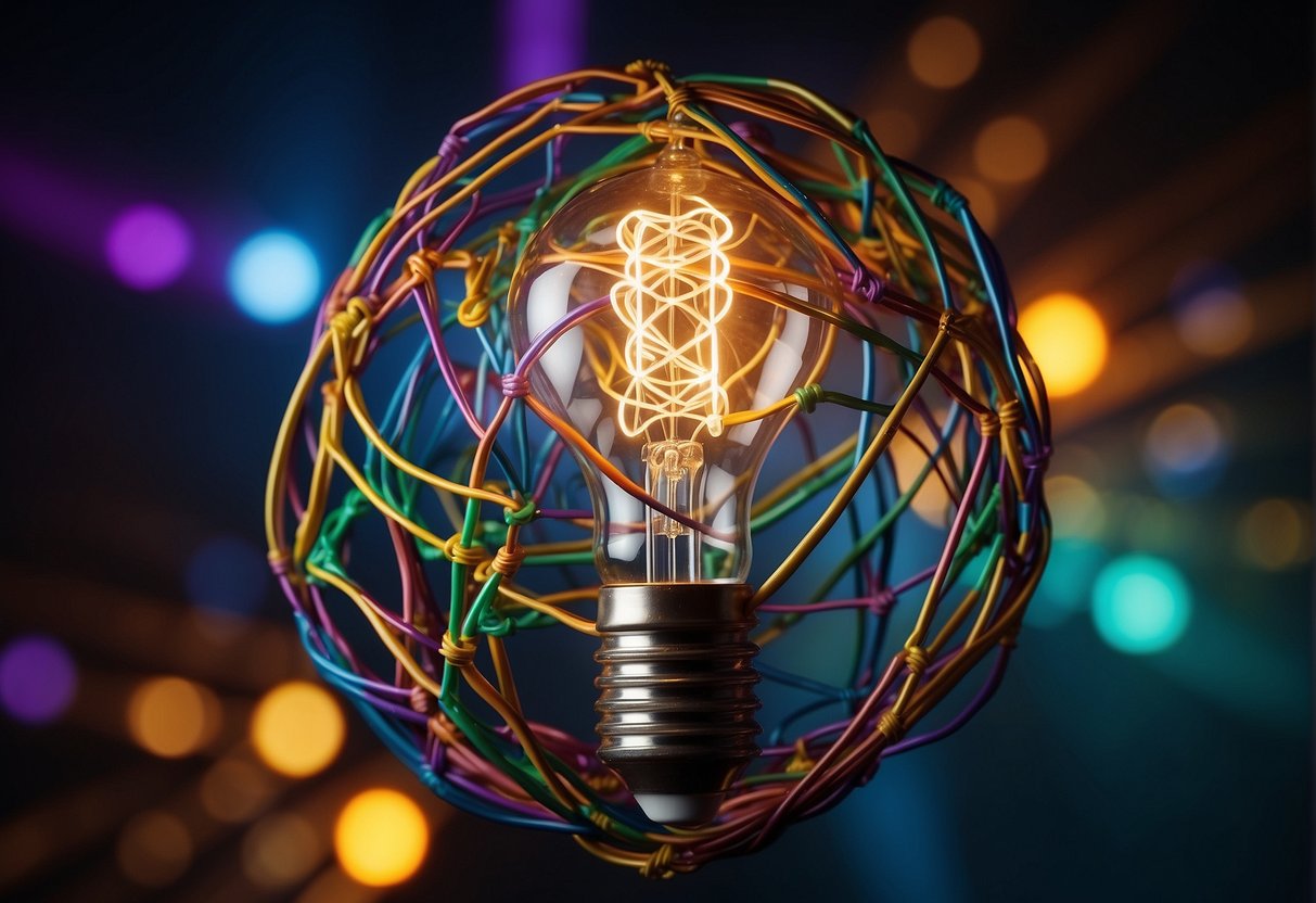 A lightbulb illuminates a tangled web of colorful lines, symbolizing the interconnected nature of critical and creative thinking