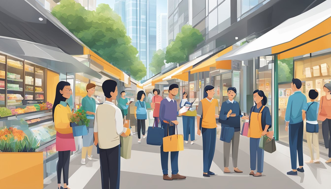 A diverse group of merchants in Singapore display CDC Voucher signage, showcasing acceptance and accessibility for customers