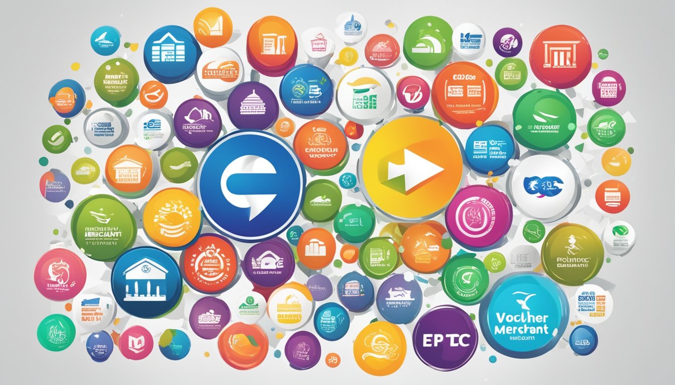 A colorful array of diverse merchant logos displayed on a digital screen, with the words "CDC Voucher Merchant List Singapore" prominently featured