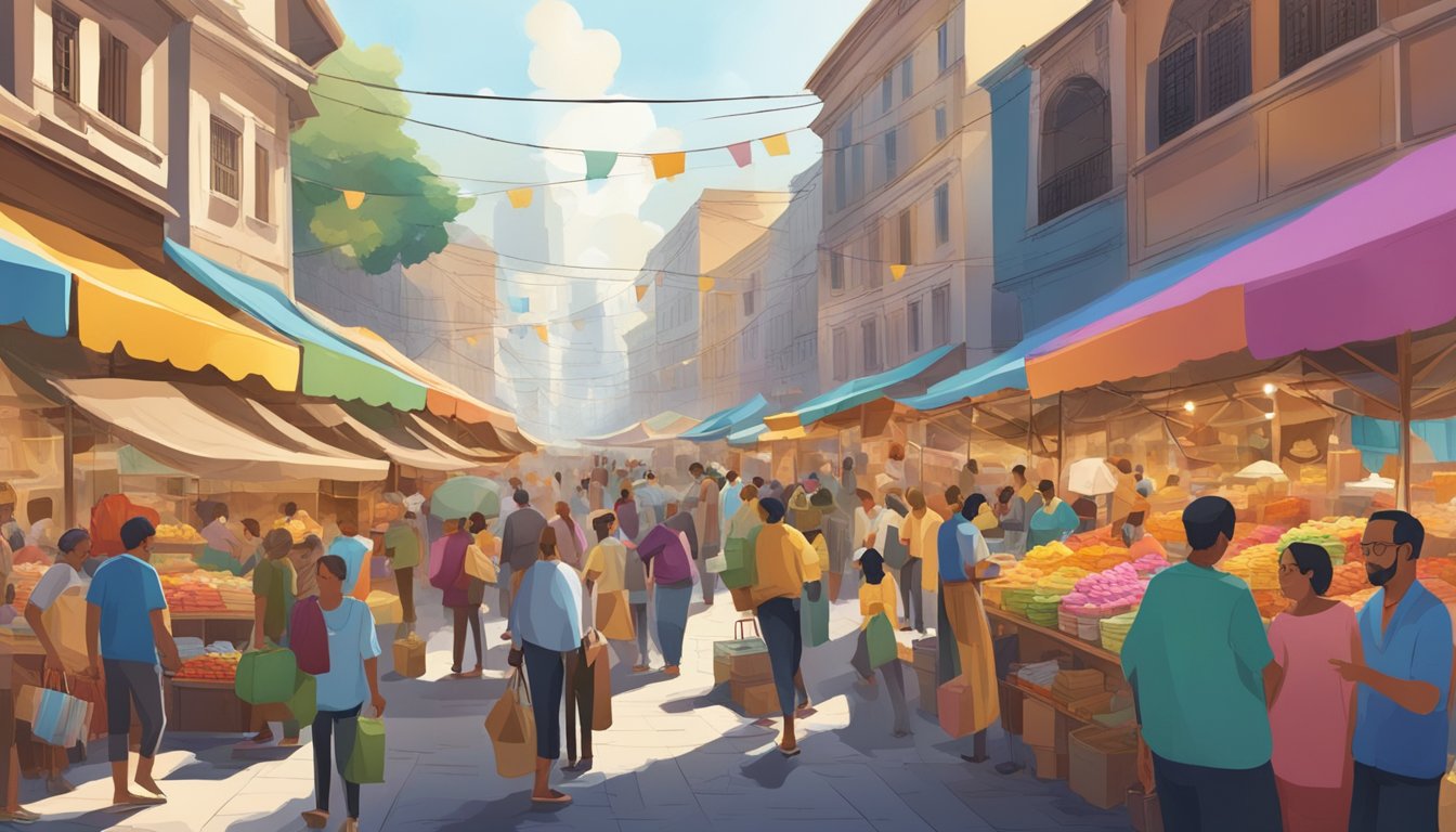 Busy street filled with colorful stalls and vendors selling goods, surrounded by eager customers and bustling activity