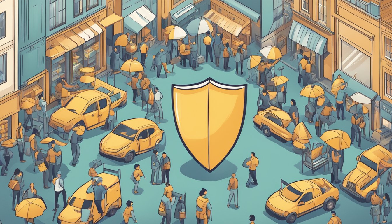 A sturdy shield hovers over a group of small businesses, symbolizing support and protection