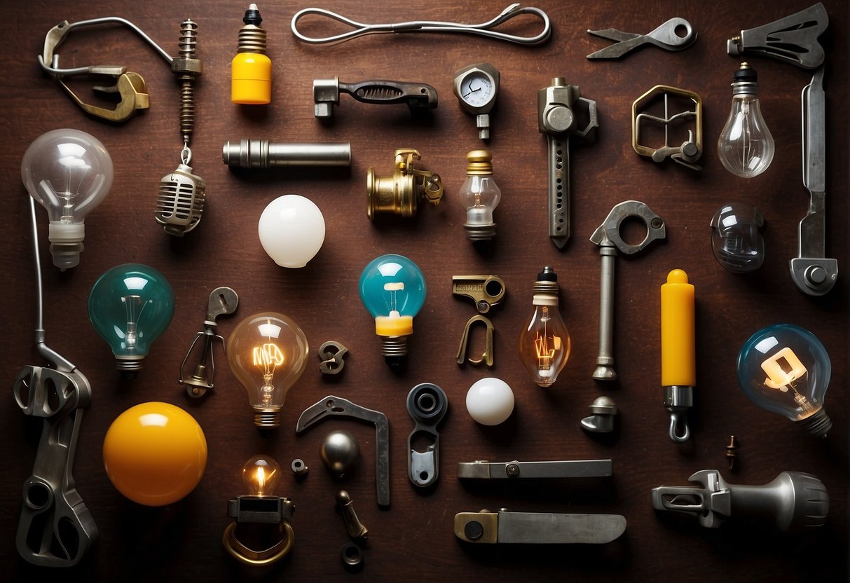 A diverse range of tools and symbols representing different fields, surrounded by lightbulbs and thought bubbles