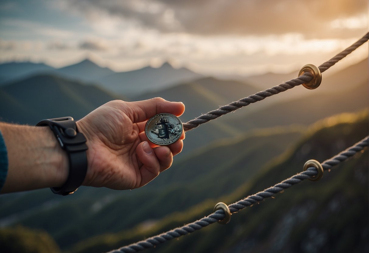 A hand adjusting a lever while balancing on a tightrope, symbolizing managing risk in cryptocurrency trading through leverage and margin