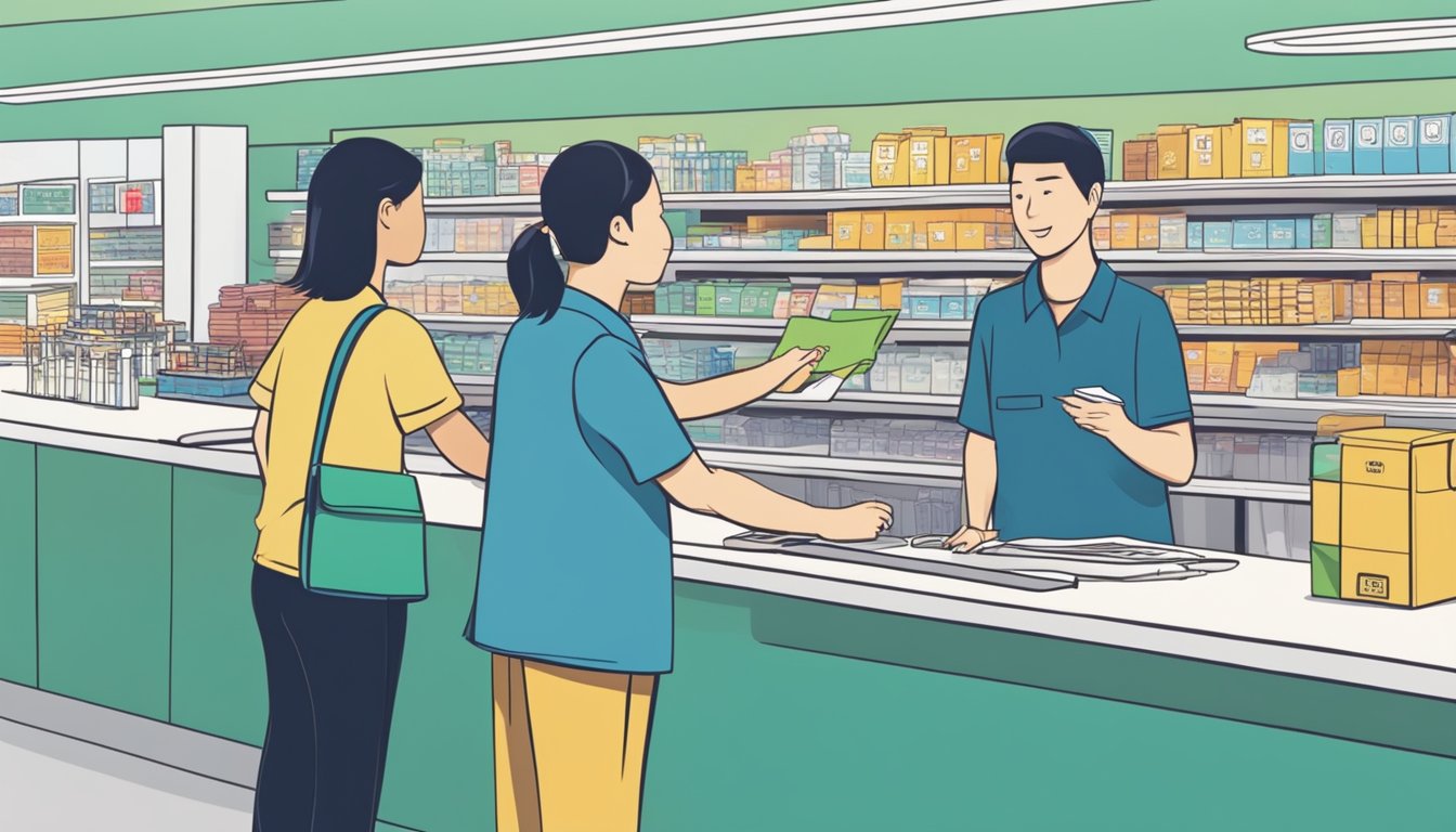 Customers redeeming CDC vouchers at a Singaporean store counter, with staff assisting and processing transactions