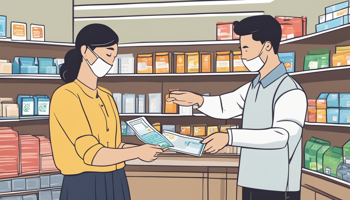 A person handing over a CDC voucher to a cashier in a Singapore store for redemption