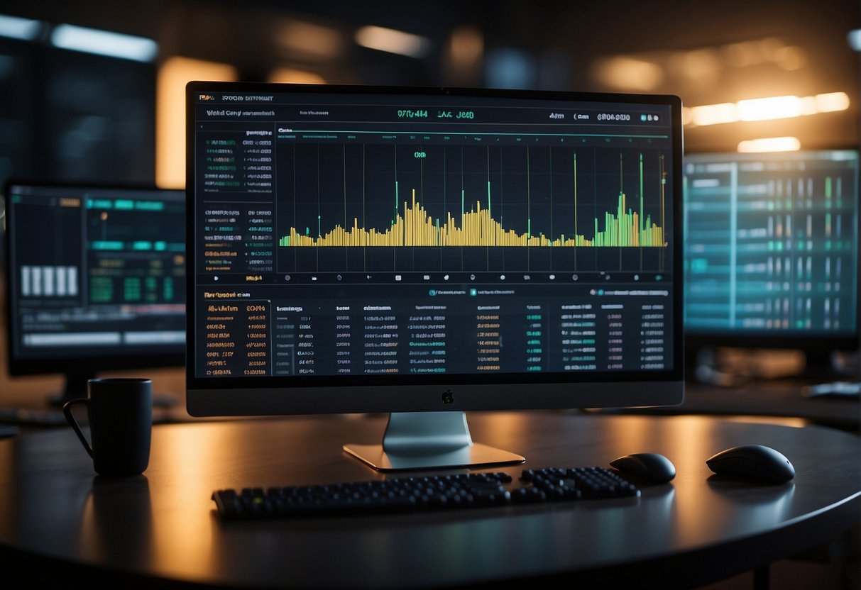 A computer screen displays various cryptocurrency investment options, with risk management strategies listed alongside DeFi opportunities