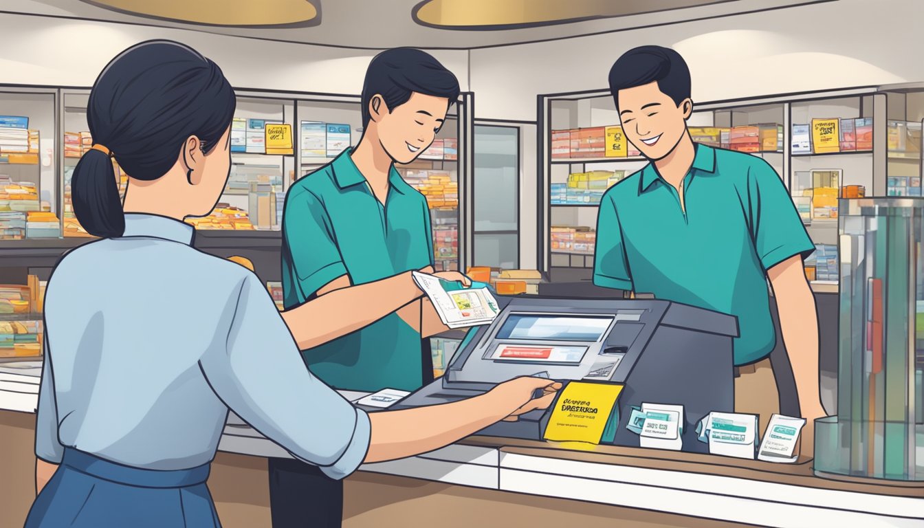 A person presents CDC vouchers at a redemption counter in Singapore. Staff scan vouchers and hand over redeemed items