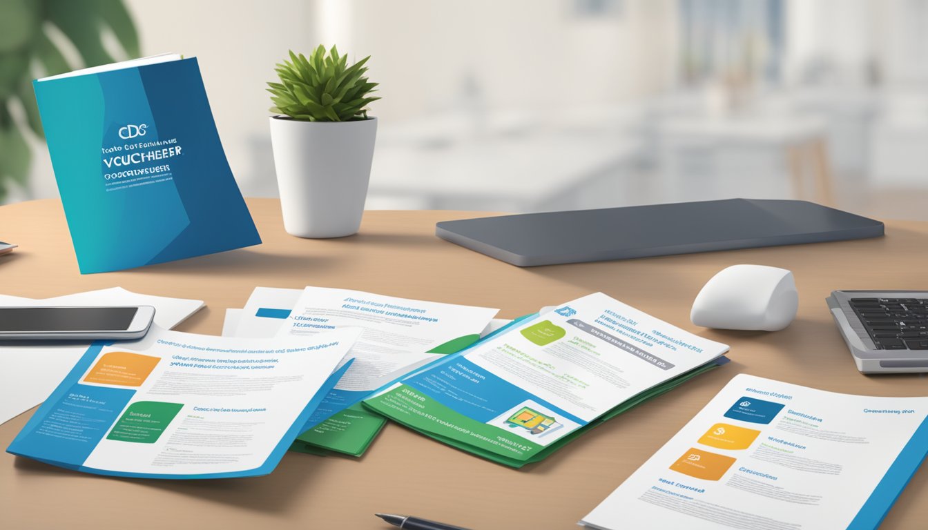 A stack of CDC voucher scheme brochures, with eligibility criteria highlighted, on a desk with a computer and phone nearby