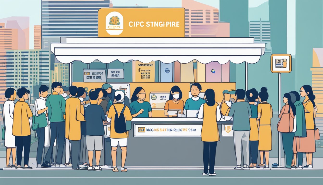 A group of people lining up at a CDC voucher scheme booth, with a sign displaying eligibility criteria for Singapore residents