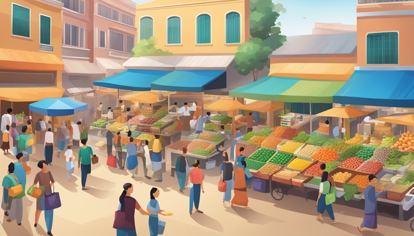 The bustling marketplace showcases a variety of participating supermarkets and hawkers, with colorful signage and bustling activity
