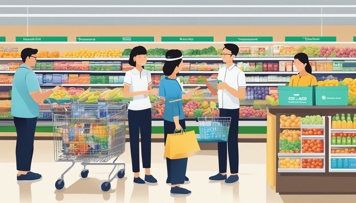 Shoppers using CDC vouchers at a supermarket in Singapore, with staff ensuring proper usage and safeguarding against misuse