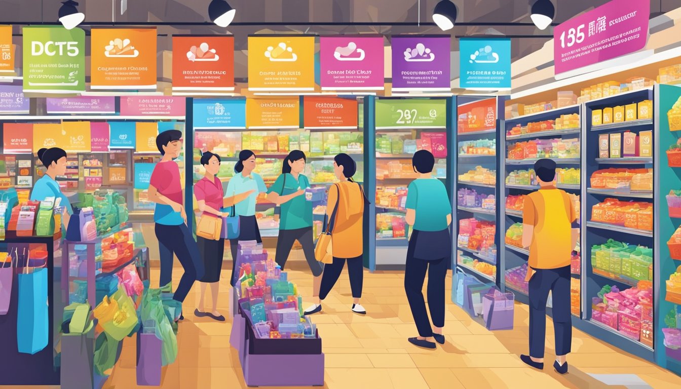 CDC vouchers displayed at various Singapore merchants. Brightly colored signs indicate participation. Customers browse and shop