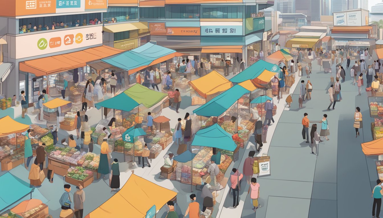 A bustling marketplace with various vendors displaying CDC vouchers signage, surrounded by eager shoppers in Singapore