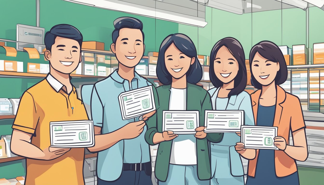 A diverse group of merchants in Singapore display CDC vouchers, ready for distribution to eligible recipients