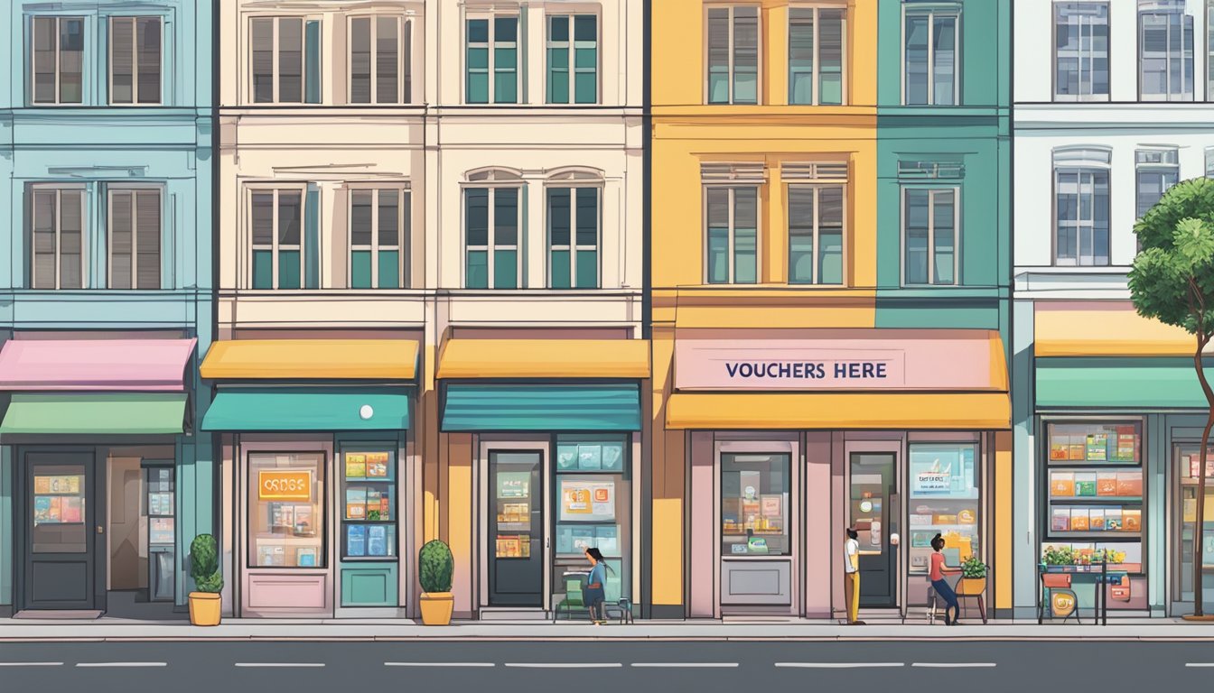 A row of diverse storefronts displaying "CDC Vouchers Accepted Here" signs in various locations across Singapore