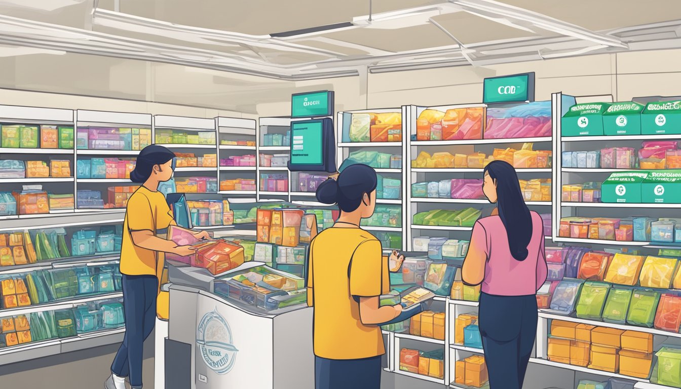Customers redeem CDC vouchers at participating merchants in Singapore. The process involves presenting the vouchers and receiving discounts on purchases