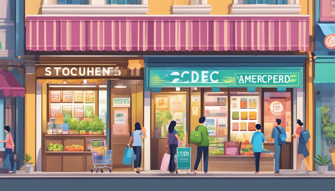 A colorful array of storefronts with "CDC Vouchers Accepted Here" signs, bustling with customers and staff in various Singaporean merchant shops