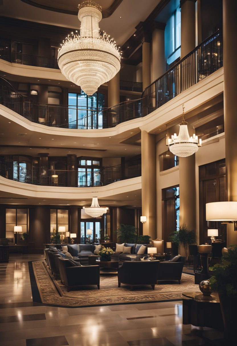 Luxury hotel lobby with elegant furnishings, concierge desk, and a grand chandelier. Guests enjoy the exclusive amenities and services in downtown Waco