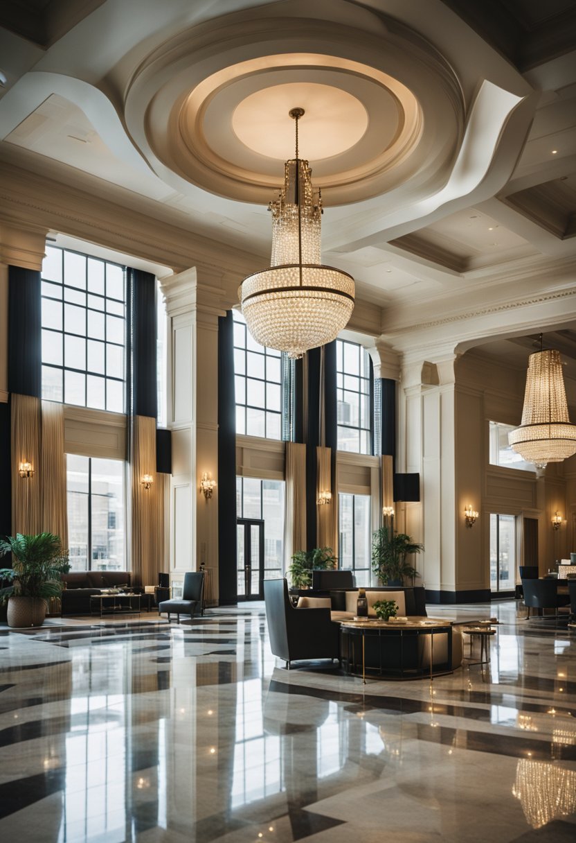 A grand hotel lobby with chandeliers and marble floors, a concierge desk, and plush seating areas. A view of downtown Waco through large windows