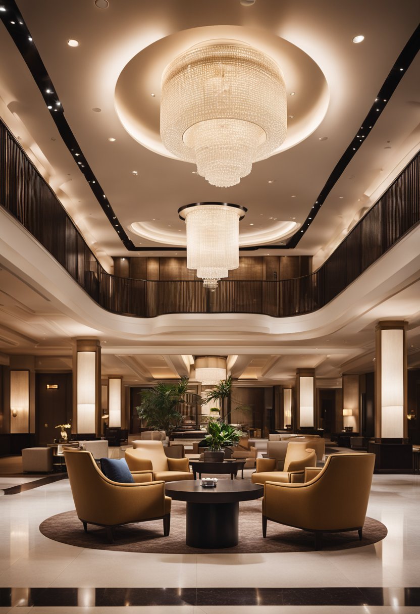 A grand, modern hotel lobby with plush furnishings and a sleek check-in desk. A concierge assists guests while soft lighting creates a warm, inviting atmosphere
