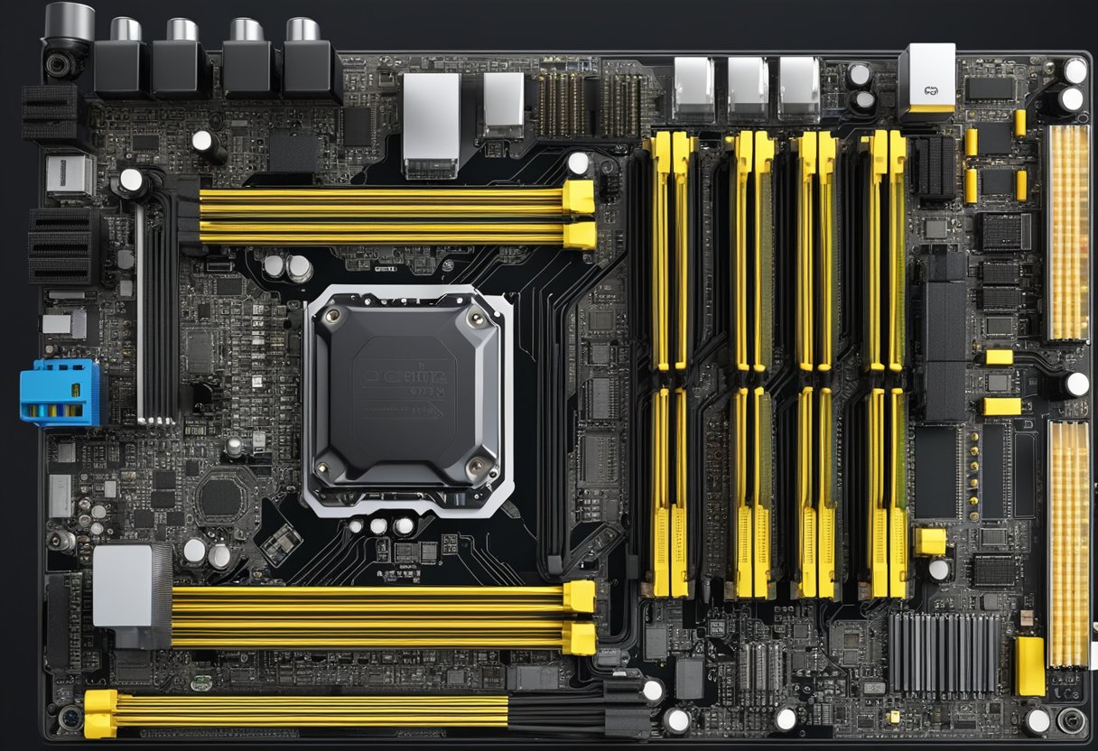 A computer motherboard with a CPU socket and power supply cables connected, with LED indicators showing power flow