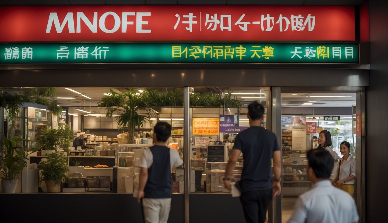 A licensed money lender's sign hangs above a storefront in Singapore. Customers enter and exit, while a clerk assists with paperwork